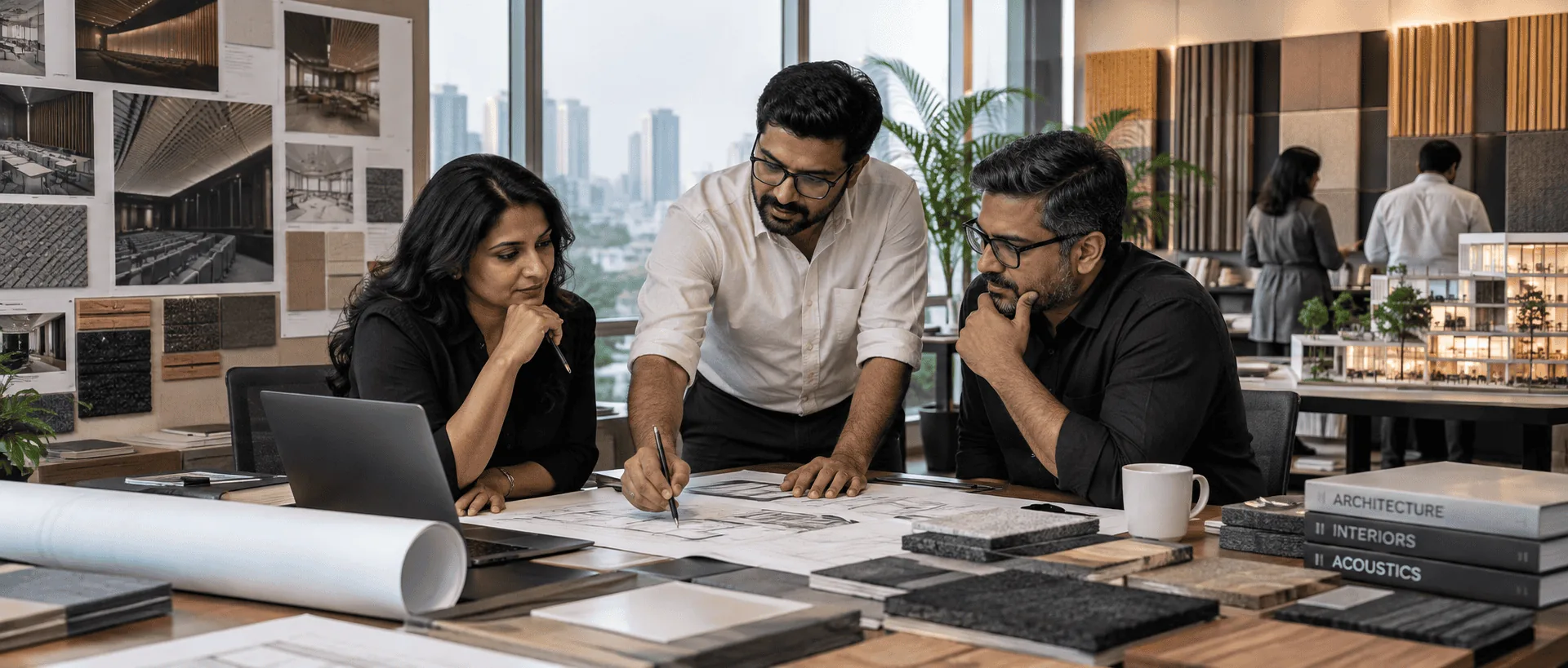 Architects reviewing acoustic panel samples and drawings