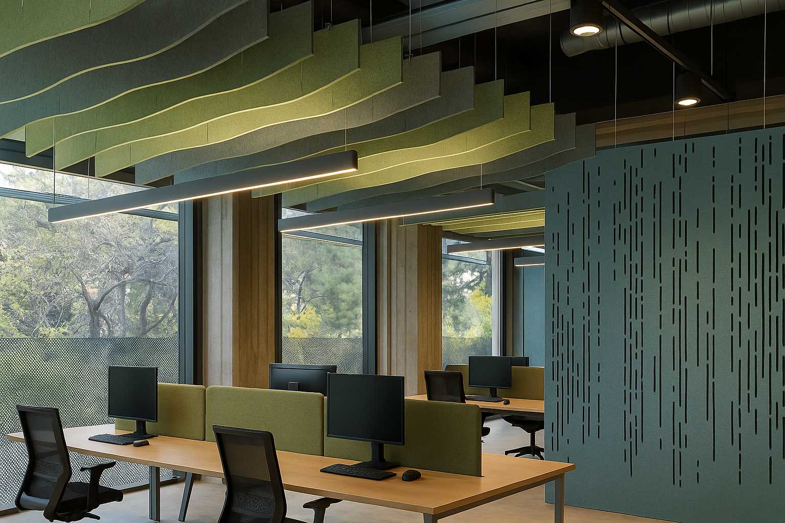 AWFIS co-working acoustic baffles, carpets and underlay project
